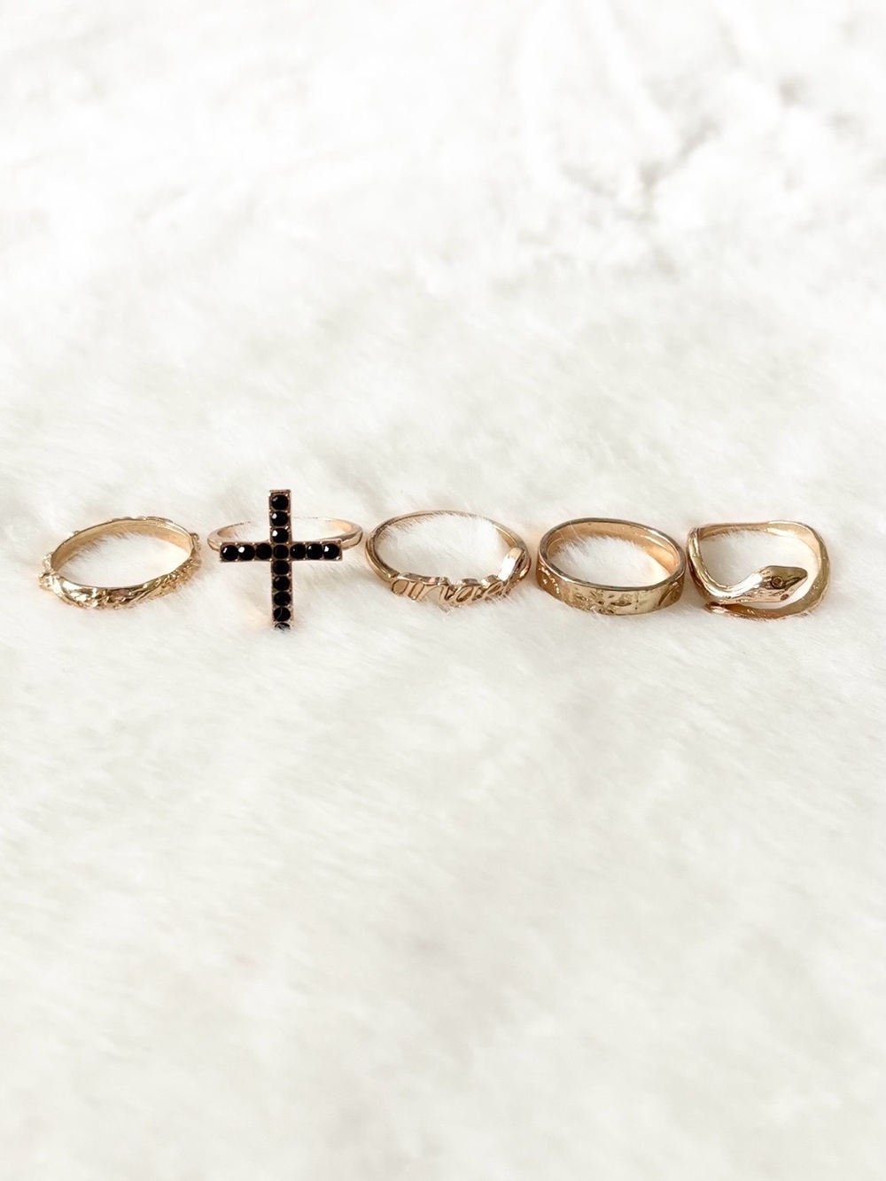 Gold Tone Stackable Ring Set with Black Cross Accent